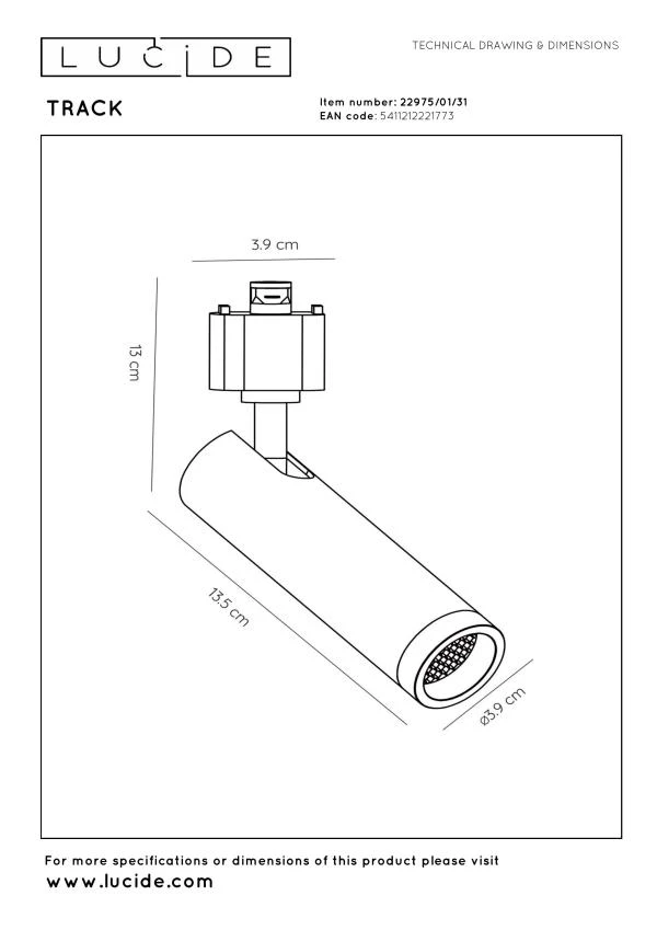 Lucide TRACK GRADO Foco de riel - Sistema de carril monofásico / Iluminación con rieles - 1xGU10(MR11) - Blanco (Extensión) - técnico